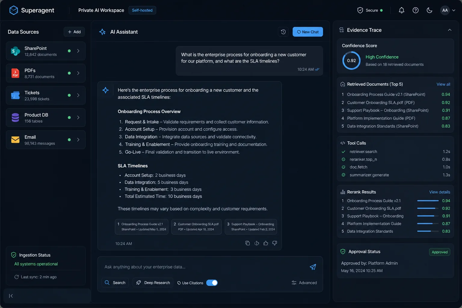 Superagent private AI workspace interface with data sources, AI answers, and evidence trace